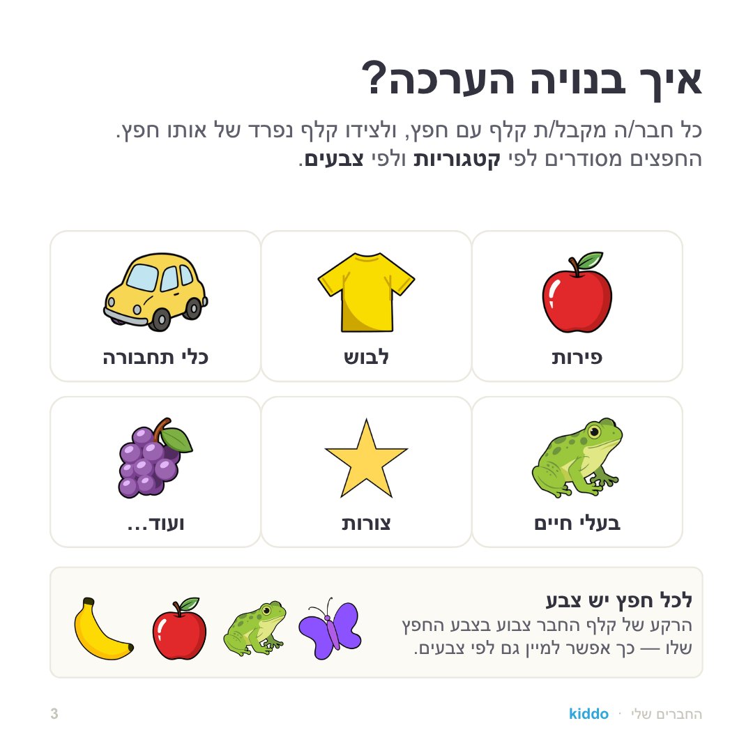 קטגוריות החפצים בחפיסה — פירות, לבוש, תחבורה ובעלי חיים